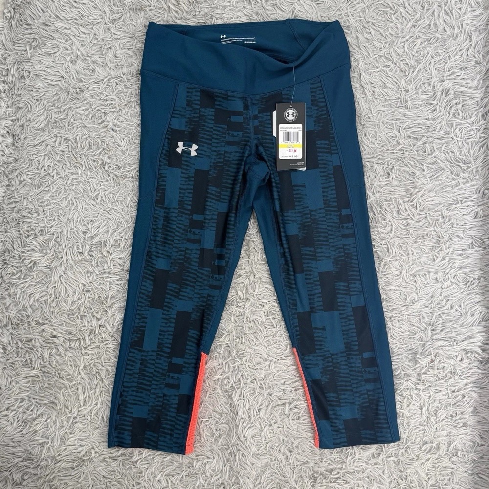 Under Armour Leggings NWT HeatGear Compression Capri Medium Teal Orange Workout